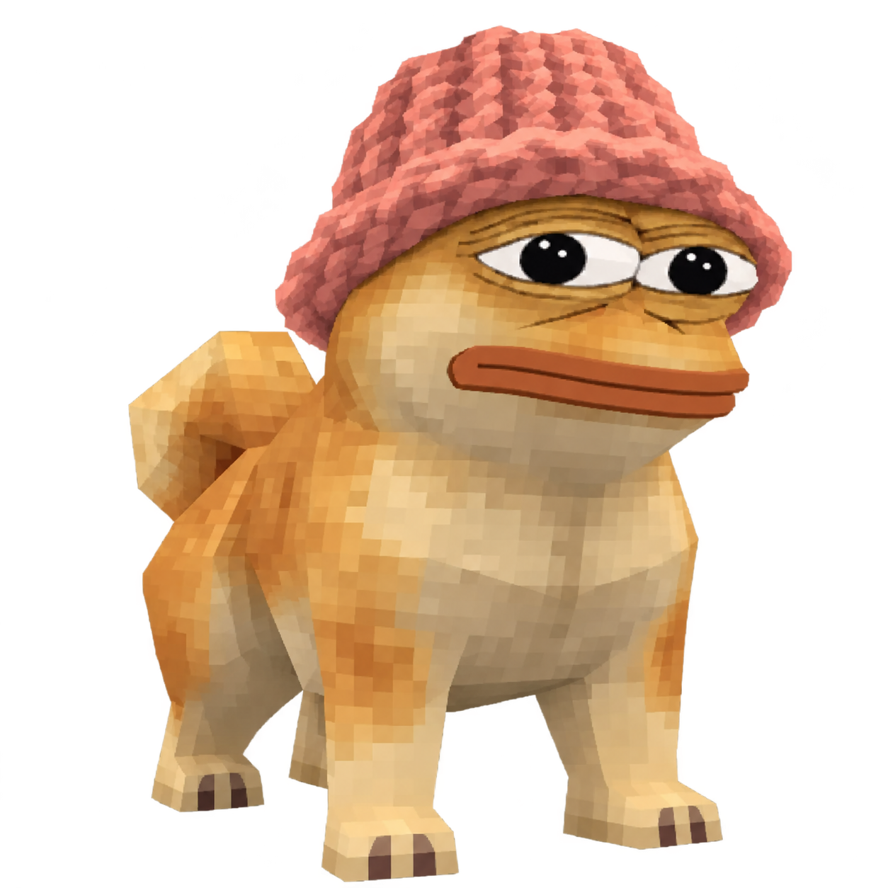 Sleepy golden dog with frog eyes wearing a chunky pink knitted hat